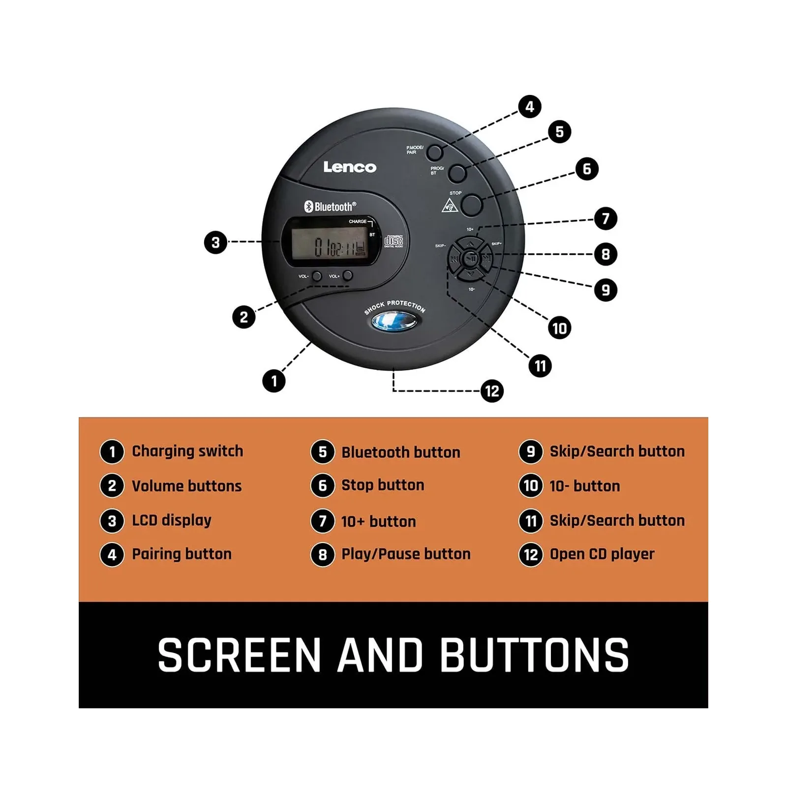 LENCO CD-300BK - Darbeye dayanıklı taşınabilir Bluetooth® CD-MP3 çalar