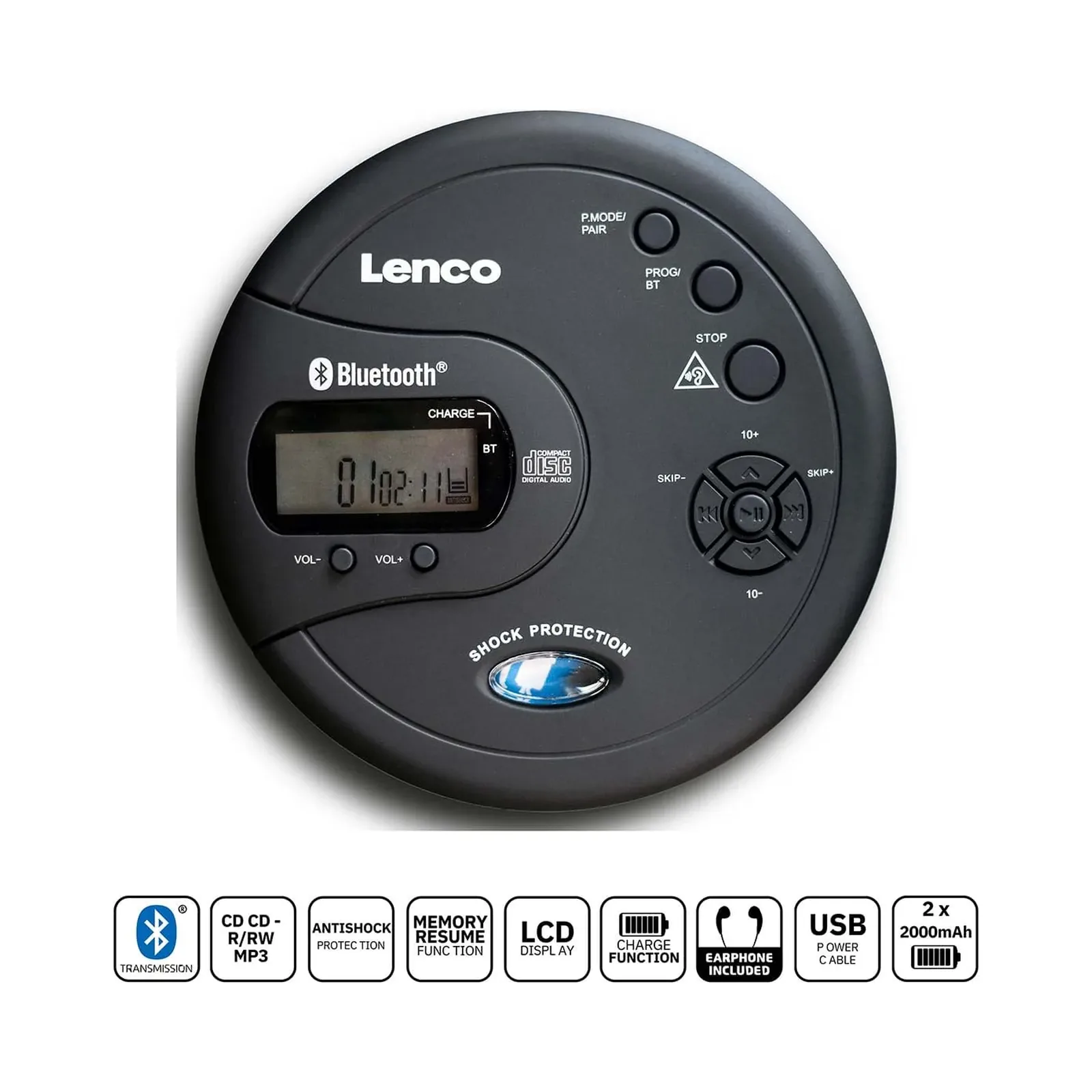 LENCO CD-300BK - Darbeye dayanıklı taşınabilir Bluetooth® CD-MP3 çalar