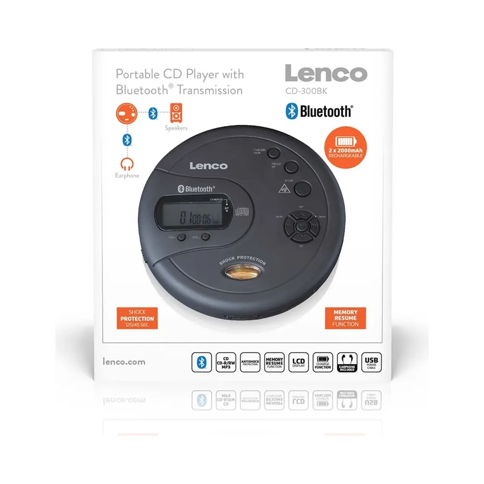 LENCO CD-300BK - Darbeye dayanıklı taşınabilir Bluetooth® CD-MP3 çalar