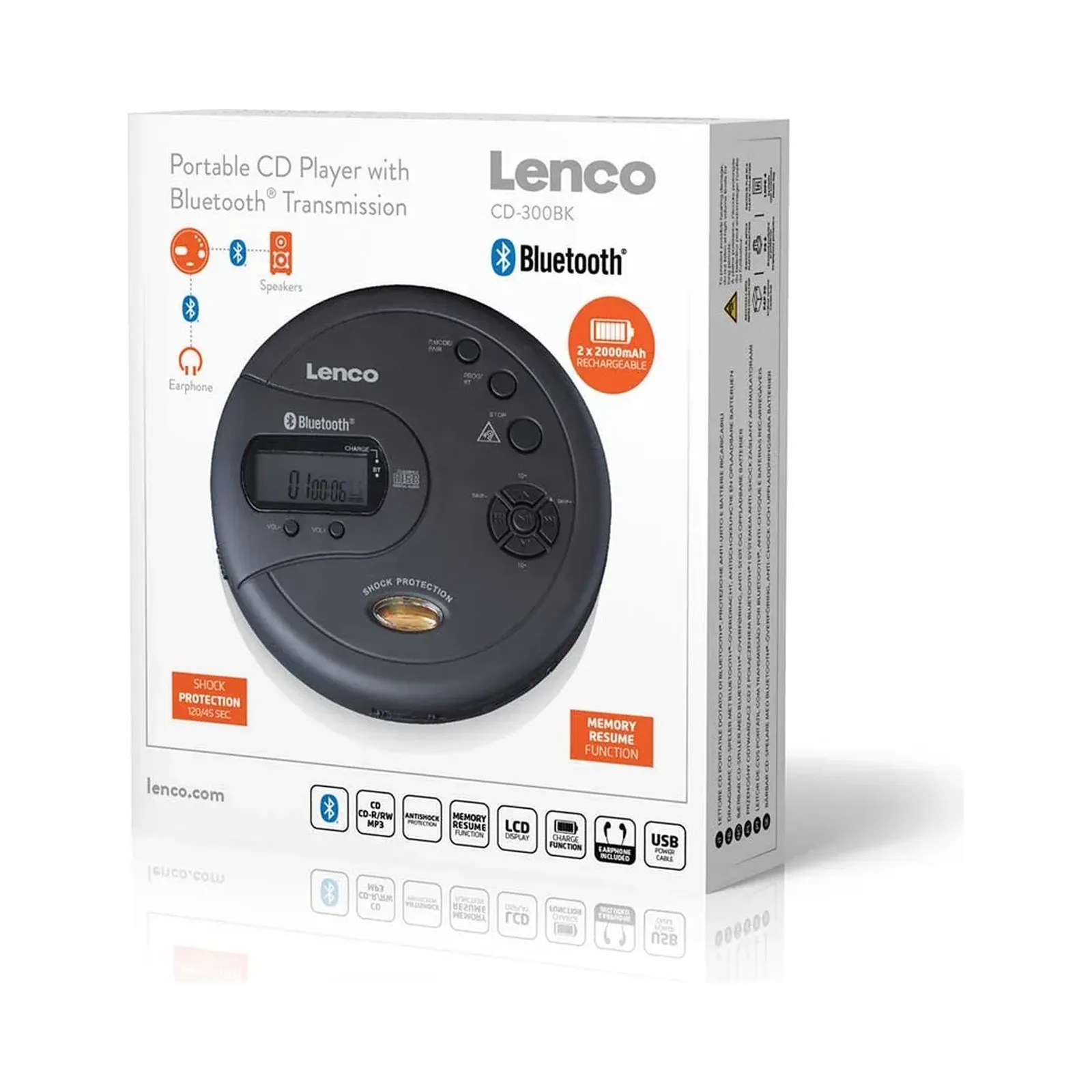 LENCO CD-300BK - Darbeye dayanıklı taşınabilir Bluetooth® CD-MP3 çalar