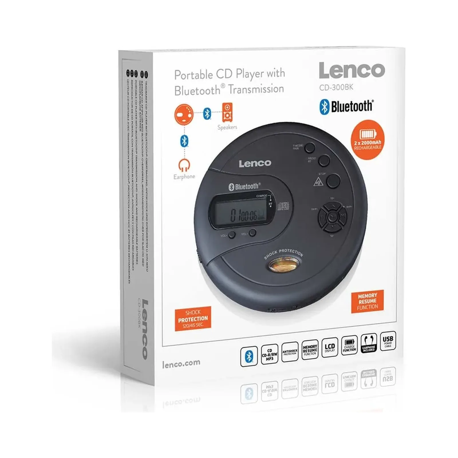 LENCO CD-300BK - Darbeye dayanıklı taşınabilir Bluetooth® CD-MP3 çalar