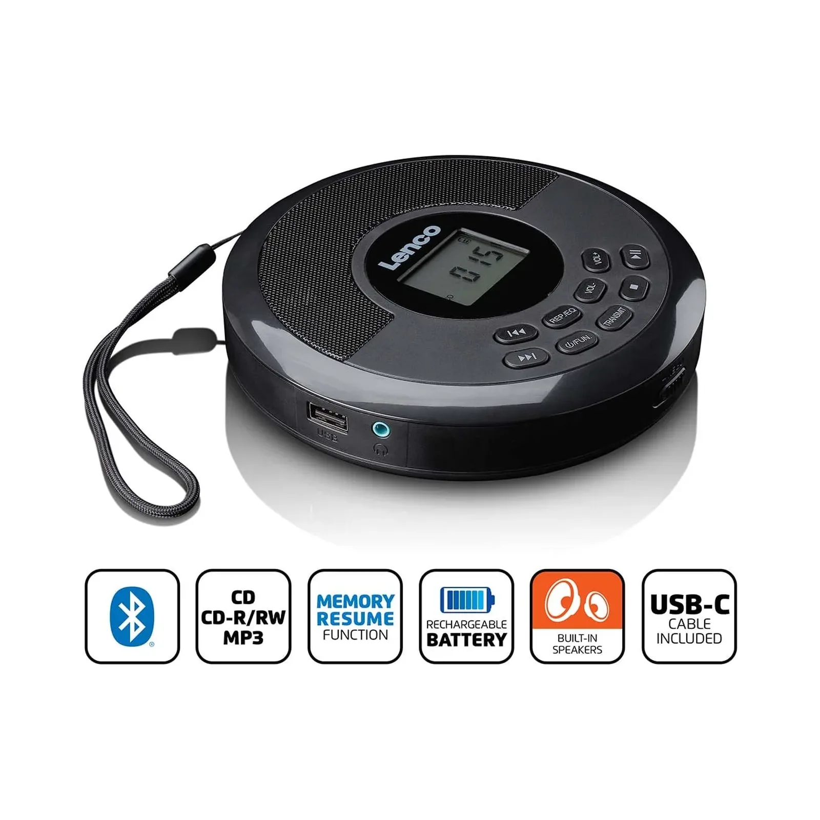 Lenco CD-340BK - Bluetooth ve dahili hoparlörlü taşınabilir CD/MP3 çalar