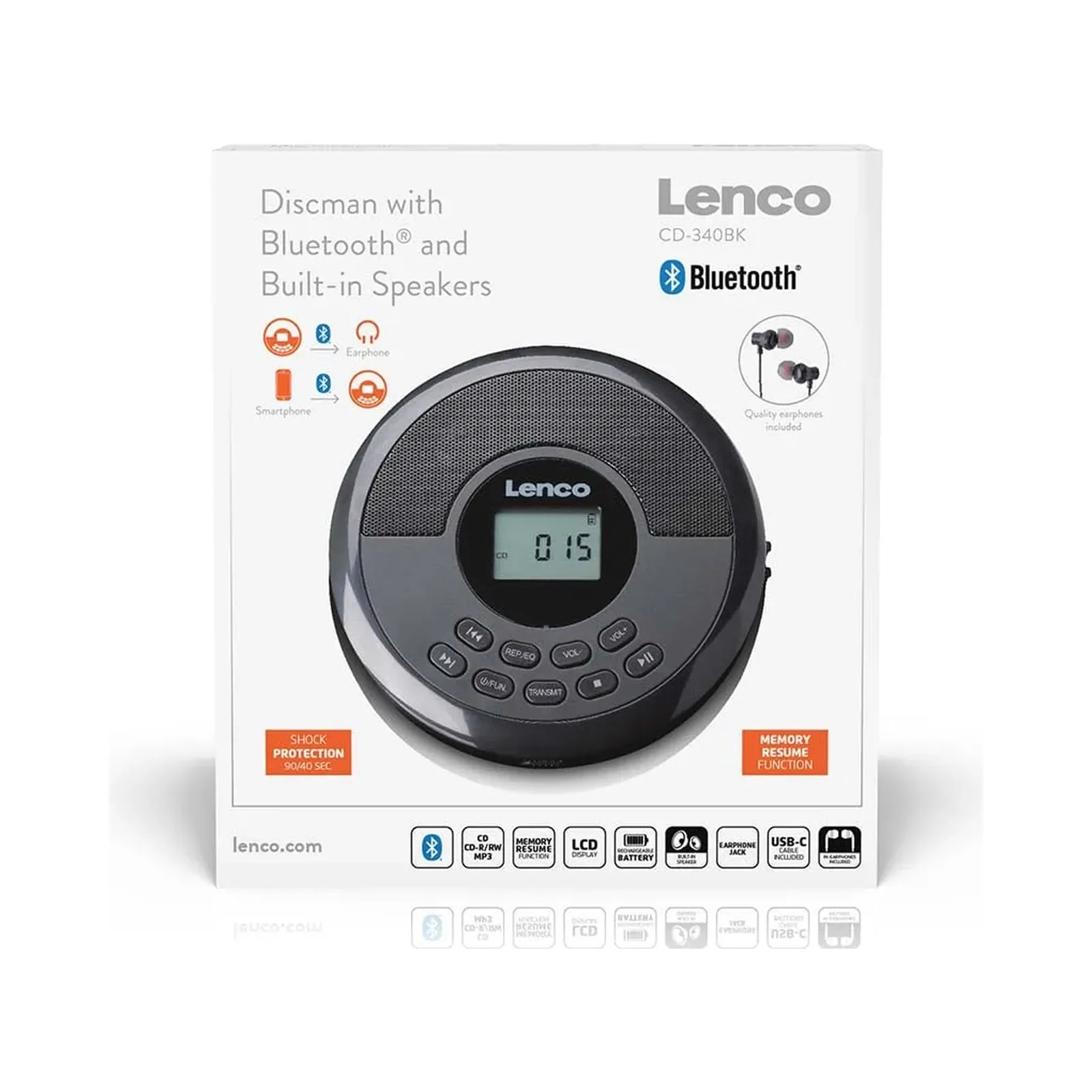 Lenco CD-340BK - Bluetooth ve dahili hoparlörlü taşınabilir CD/MP3 çalar