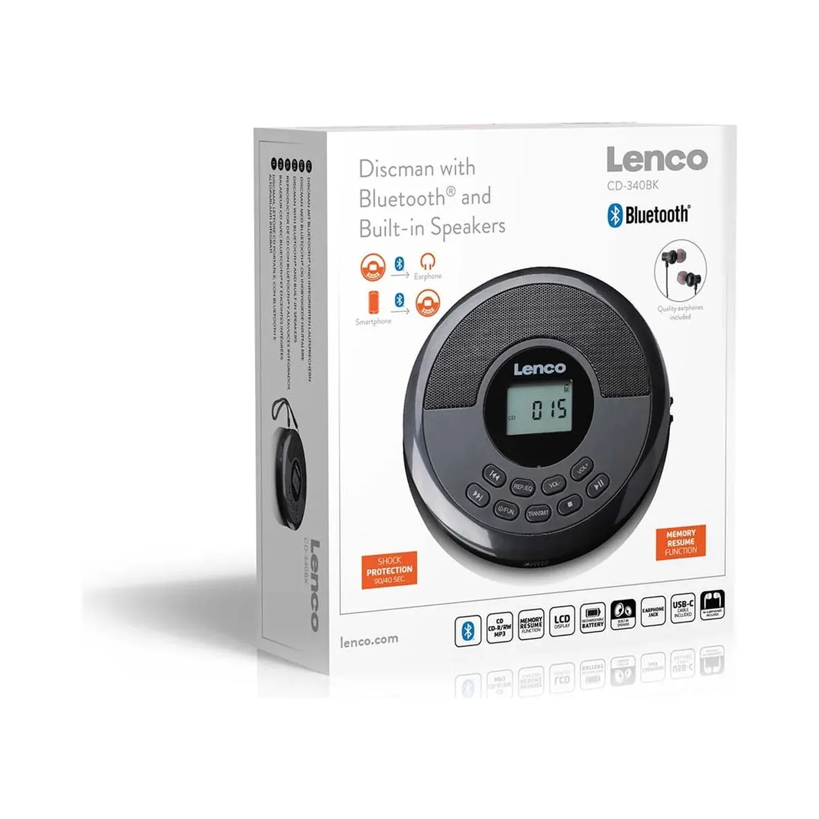 Lenco CD-340BK - Bluetooth ve dahili hoparlörlü taşınabilir CD/MP3 çalar