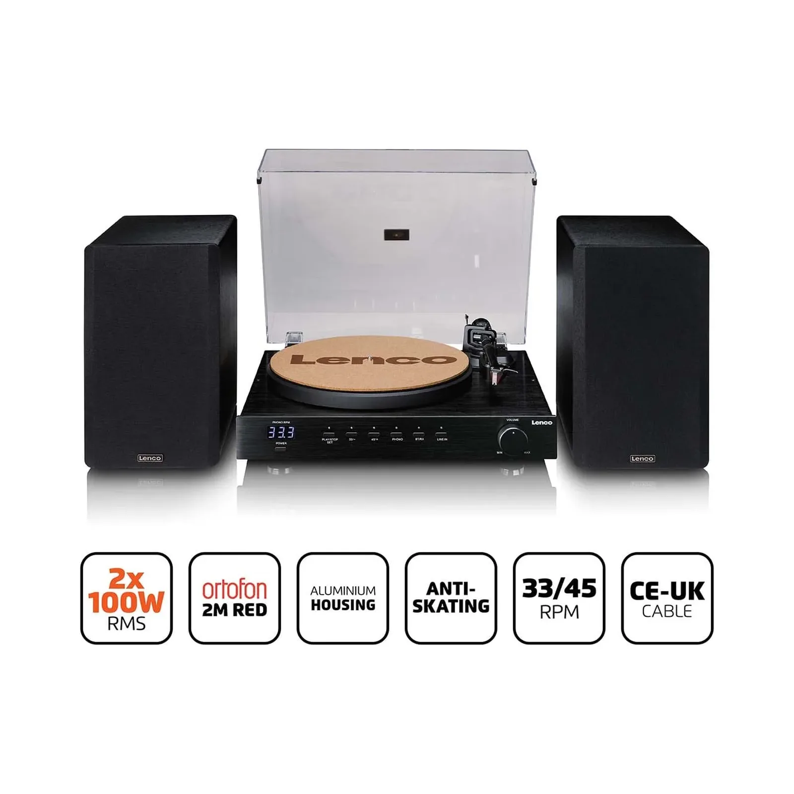 LENCO LS-700BK - Hoparlörlü, Bluetooth® özellikli ve Ortofon 2M Red pikaplı yüksek güçlü HiFi plak çalar